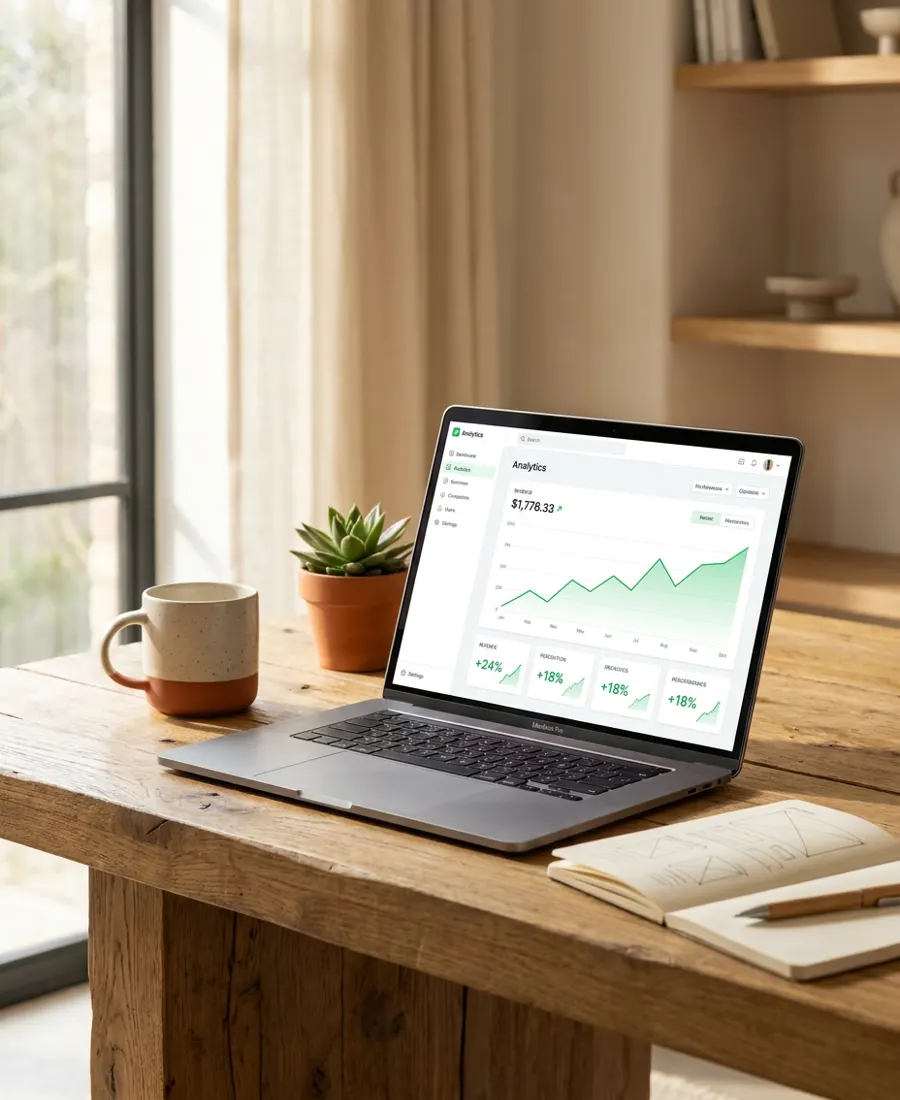 A laptop on a wooden studio desk showing an analytics dashboard with rising sales growth