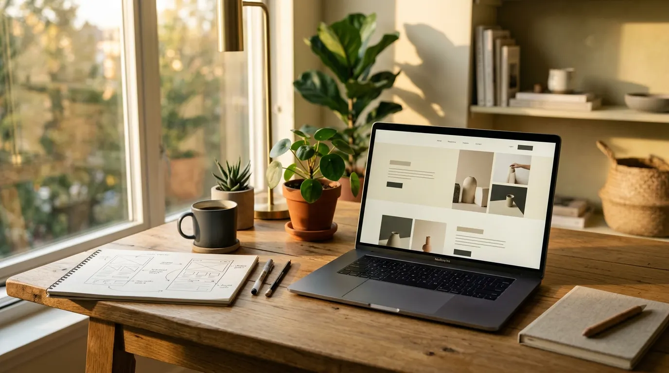 A designer's desk with a laptop showing a website layout and wireframe sketches